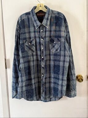 Rock & Roll Cowboy navy plaid long sleeve western button down shirt Size XXL